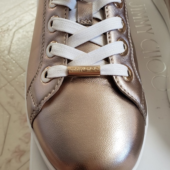 NWT Jimmy Choo Shoes Leather Sneaker Rose Gold Designer Luxury Sneaker Presents - Picture 4 of 16